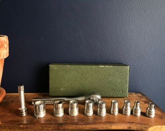 Oxwall Japanese Drop Forged Steel Ratchet Set With Original Army Green Metal Storage Divider Tool Box