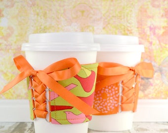 Corset Coffee Cup Sleeve // Aviary Birds Cup Cozy // reversible // adjustable // beverage sleeve // tea cup sleeve // to go cup sleeve