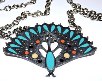 Big GOLD CROWN EGYPTIAN Revival Necklace Pewter Enamel Statement Necklace