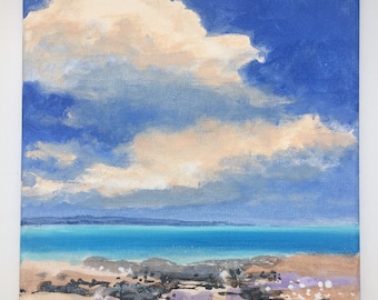 On a Clear Day - Original Landscape Painting of Sky Clouds Ocean Water Rocks Zen Fresh Air