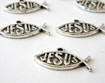 Jesus Fish Symbol Charms Set of 10 Silver Color 13x23mm