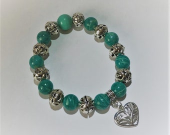 Amazonite Gemstone Beaded Bracelet with Heart Charm