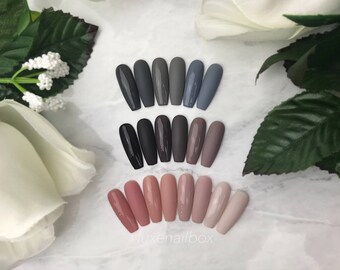 The Neutrals | Press On Nails | Glue On Nails | Fake Nails | Coffin or Ballerina Nails | Grey, Gray, Brown & Nude Nails | Glossy or Matte