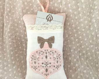 Embroidered Pillow ticket Christmas shabby chic Lavender