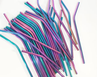 Reusable Metal Straws, Rainbow Plated Stainless Steel Drinking Straws