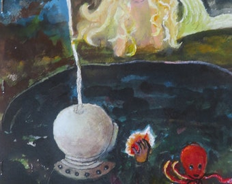 REDUCED PRICE -- Original Watercolor painting by W. J. Watson, "Mermaid and her friendly Diver", 8 by 14 Inches