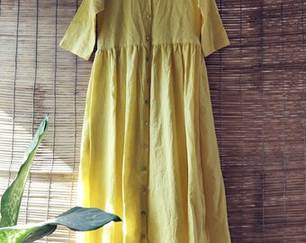 Yellow Khadi Gathered Dress/Overlay