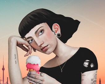 Treading Water - Portrait of a Berliner with Ice Cream - 11X14 print | berlin art, berliner artist, pastel art - by Lisa Falzon