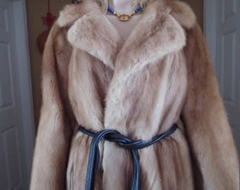 Mink Fur Long Jacket Coat With Leather Belt Vintage Size ML