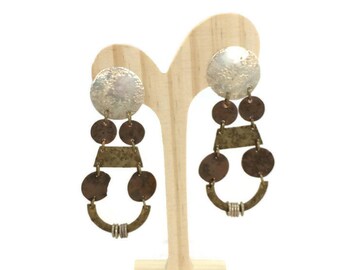 Vintage Majorie Baer Earrings San Francisco Dangle Clip On 1970s Studio Jewelry Designer Signed Hammered Silver Brass Copper Mixed Metal