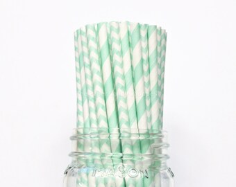 Mint Green Paper Straws, 25 Mint Chevron and Stripe Paper Straws, Wedding Table Setting, Mint Baby Shower, Kids Birthday Party, Made in USA