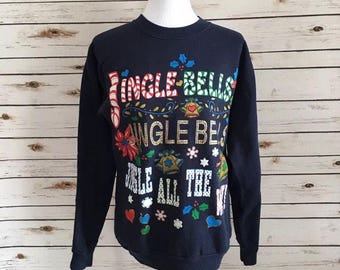 Vintage 80s 90s Christmas Sweatshirt Unisex sz Medium Puff Paint Jingle Bells Navy Blue