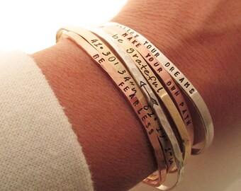 ONE Skinny Cuff Bracelet - Handstamped Bracelet - Quote - Inspirational Jewelry - Dainty Stacking bracelets - Coordinates - Arrow Bracelet