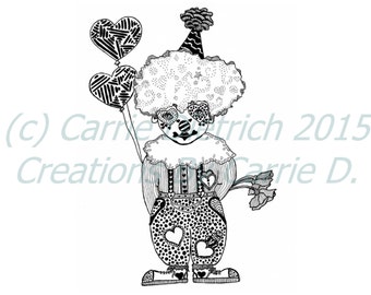 Black and White Art Pen and Ink Valentine's Day Art Clown Love Clown llustration Signed 8 x 10 Print Home Decor Design Drawing