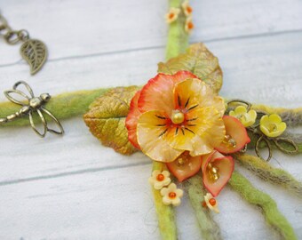 "Felted Nature" necklace made of felted wool and cold porcelain