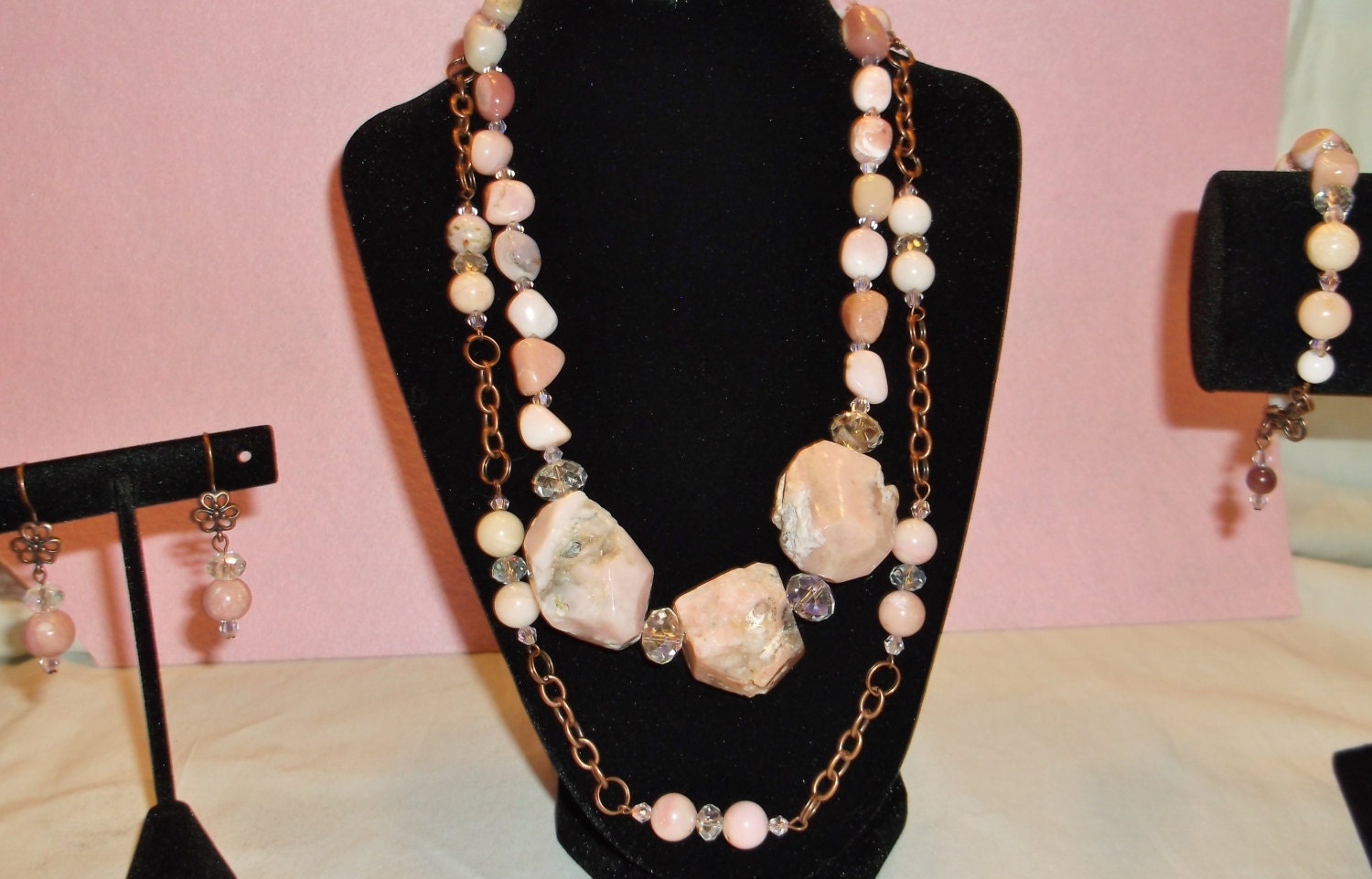 Natural Pink Opal Chunks Jewelry Set in Embellished Wooden Box