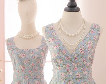 Vintage prom dress floral dress Dusty blue dress blue blue party dress blue sundress floral tea dress blue bridesmaid dress blue dress