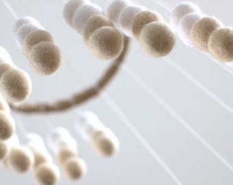 Spiral Felt Ball Mobile- Neutral Nursery- Almond & White- Nursery Childrens Room Pom Pom Mobile Garland Decor