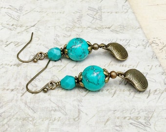 Green Earrings, Turquoise Earrings, Teal Earrings, Teal Green Earrings, Gemstone Earrings, Czech Glass Beads, Shell Earrings, Gifts for Her