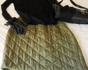 ON SALE-20% off vintage quilted silk skirt, original 90s, moss green