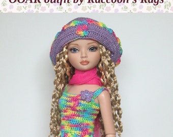 OOAK Ellowyne Wilde set "GLASTONBURY" crochet outfit. For Ellowyne Wilde & friends. Dress, Hat, and floaty scarf.