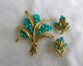 Crown Trifari Demi Parure, Turquoise Rhinestone, Brooch Earring Set, 1960s Trifari Jewelry