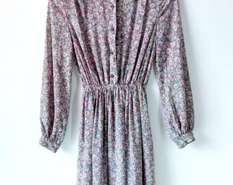 Vintage Purple Floral 1990s dress/ belted dress/ vintage women/ summer dress/ vintage dress/ 90s dress