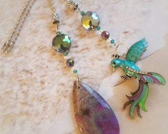 Bronze Turqoise, Green, and Purple Enameled Pheonix Bird and Gorgeous Purple Agate Pull Chain Fan Pull for Ceiling Fan/Lamp Light