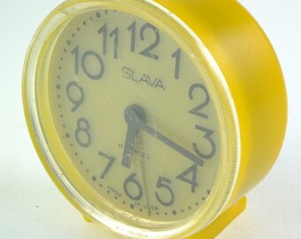 WORKING !!! Vintage Russian Mechanical Alarm Clock Slava from Soviet Union Period Yellow, CCCP