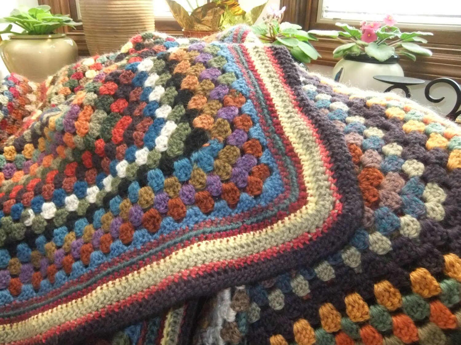 Custom Made Multicolor Wool Granny Square Blanket