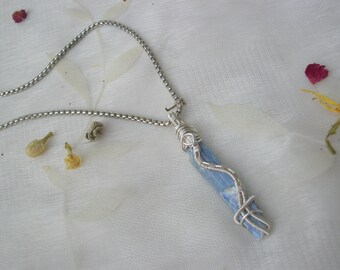 Blue Kyanite Blade Wire wrapped Pendant Necklace / Blue Kyanite Wire Wrapped Sterling Silver Plated Pendant