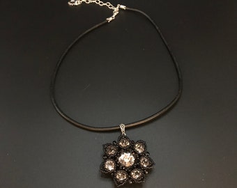 Swarovski Clear Crystal Rivoli Beaded Flower on Leather Necklace