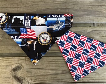 Reversible Dog Bandana, US Navy, Patriotic, Slide On Collar Bandana, Ready To Ship, XSmall, Small, Medium, Large, XL, 2XLg, Free Ship!