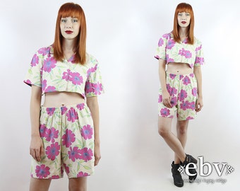 Vintage 90s Floral Crop Top + High Waisted Shorts M L Matching Set Two Piece Set Two Piece Outfit Cropped Top High Waisted Shorts