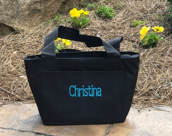 Personalized Name or monogrammed Black Lunch Tote Bag embroidered- cooler bag liberty