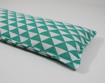 Headache & Eye Rice Bag - 4.5 x 10 inches, hot or cold therapy pack, teal and white triangle pattern, rice heating pad