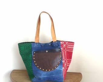 Upcycled Vintage Fabric Tote Bag with Leather Pocket/Denim and Wool Hand Loomed Fabric Tote/Ethnic Tote Bag/Large Carry All – Thitsa1
