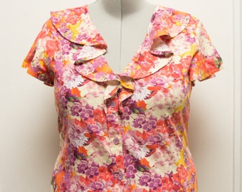 Linen L/XL Floral Ruffle Blouse