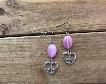 Pink Peace Sign Heart Earrings1