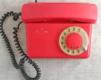 Red rotary phone Dial desk phone Home retro telephone Old office phone Urban home decor Vintage gadget Found object decoration Collectible