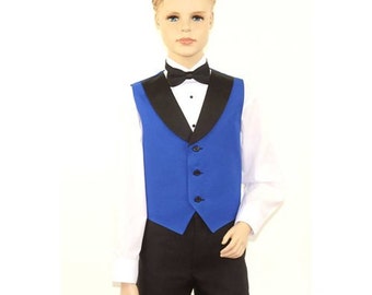 Kids Royal Blue Full Back Tuxedo Vest with Black Lapel