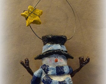 Handmade Snowman Ornament Lt. Blue/Dk. Blue, Snowman Decor, Christmas Decoration, Snowman Sculpture