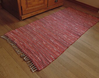 Hand Woven Rag Rug Red and White 26" x 56"