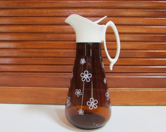 Brown Glass Syrup Pitcher with White Flowers