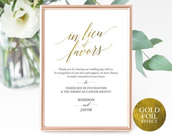 Faux Gold In Lieu of Favors Sign Template, Printable In Lieu of Favors Sign, Editable Wedding Donation Sign, PDF Instant Download, MM07-3