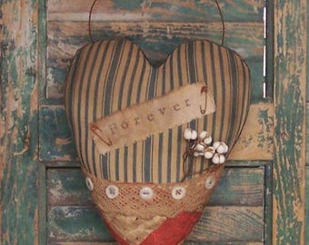 Rustic Heart Door Hanger, FOREVER Heart, Front Door Decor, Valentine Heart Hanger, Vintage Ticking Antique Quilt - READY to SHIP!