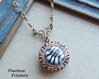 Vintage German Glass Button Necklace, Zebra Stripes, Black and White with Gold Trim, Antique Brass Finish