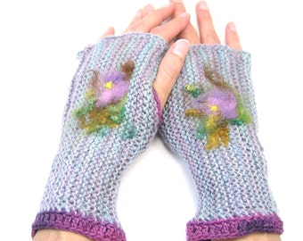 Fingerless Gloves, Handknit Mitts, Hand Warmers, Alpaca and Merino, Needle Felted Flower Applique, Whimsical, Flower Mitts