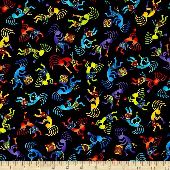 Southwest Multicolor Kokopelli Tossed on Black premium cotton