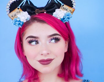 Pre-order Alice in Wonderland inspired Mouse Ears Flower Crown Headband drink me eat me